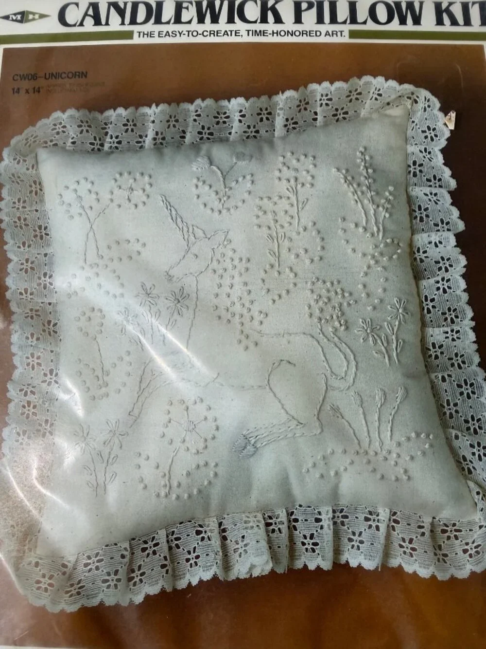 New Sealed Vintage Candlewick Pillow Kit Unicorn Design Lace Edge